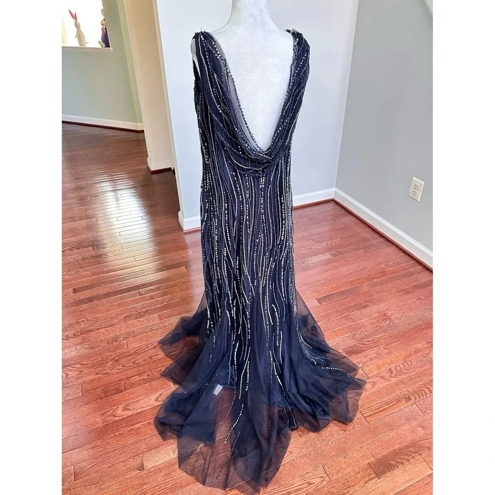 Luxury Pronovias Navy Blue Beaded Embellished Plunge Open Low Back Gown Dress - Picture 10 of 12